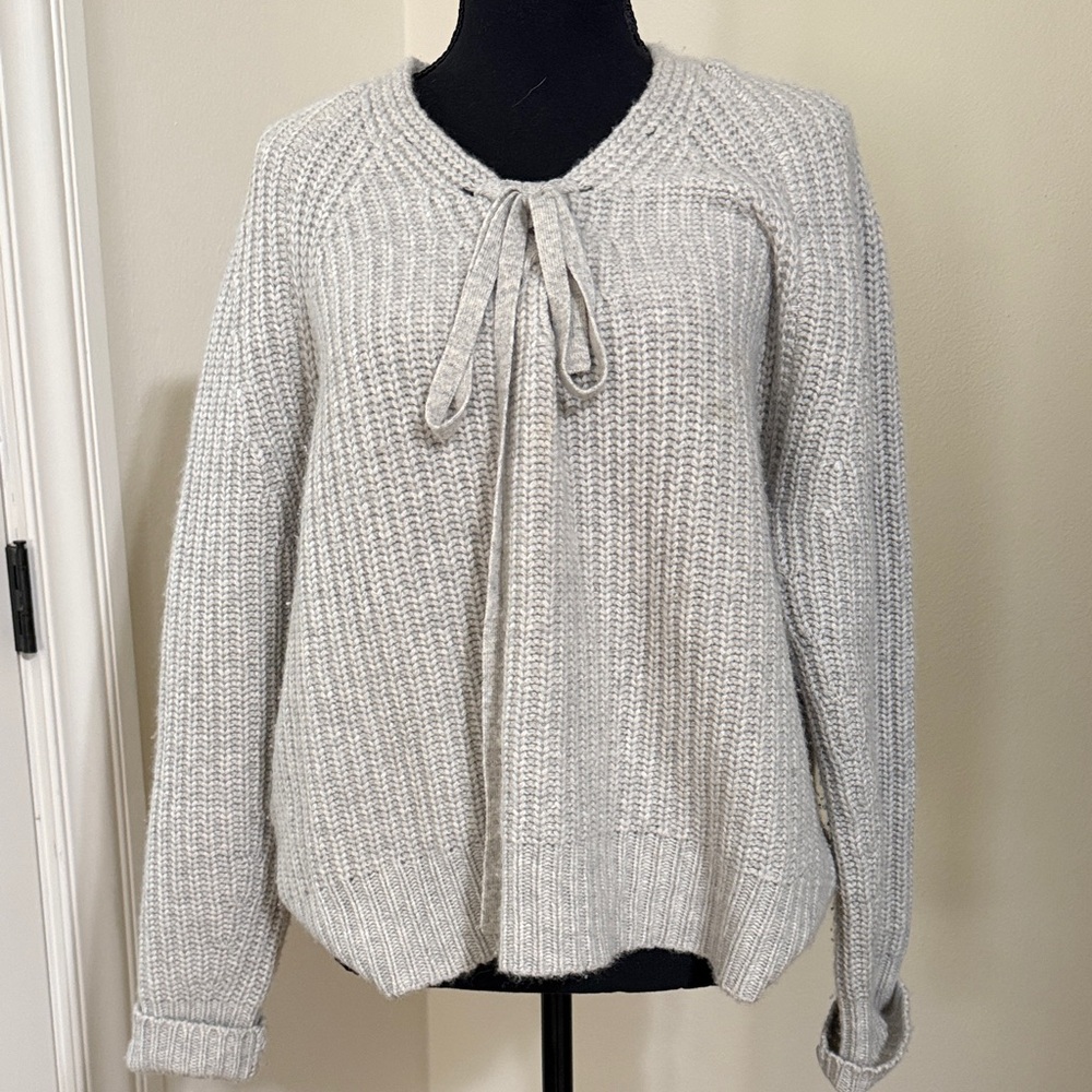 Nili Lotan Light Gray Ribbed Tie-Neck Sweater